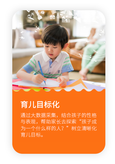 通过大数据采集，结合孩子的性格与表现，帮助家长去探索“孩子成为一个什么样的人？”树立清晰化育儿目标